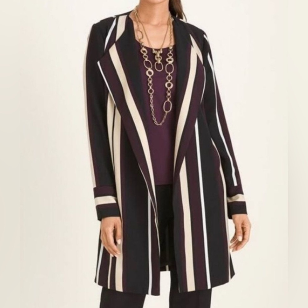 Chico's Open Front Striped Maroon, Black and Tan Blazer‎ Women’s Size 1 US 8/10